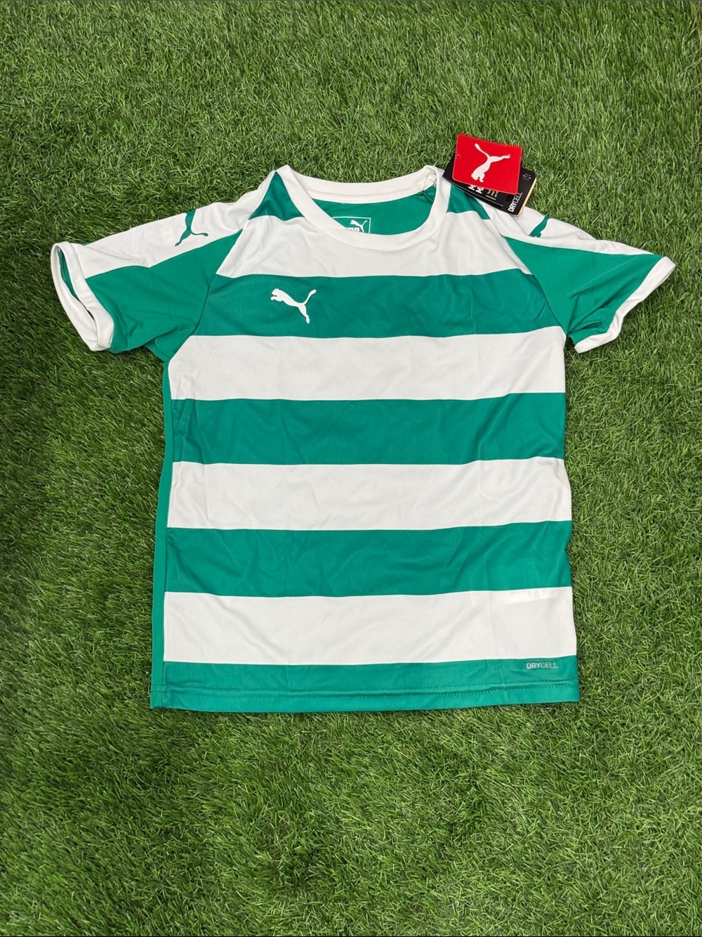 Puma Green and White Striped Kids Soccer Tee
